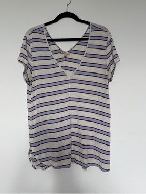 Bordeaux V-Neck Striped Short Sleeve Top - Cream, Blue & Burgundy